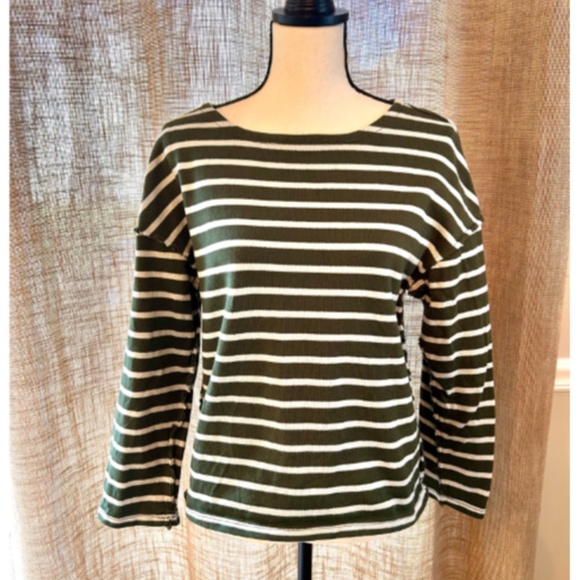 MADEWELL | Luxe Long Sleeve Tee Casler Stripe Green Off White Knit Top - Picture 2 of 6